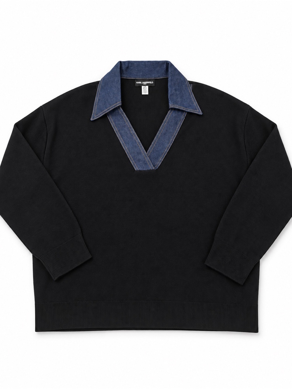 Karl Lagerfeld Black V-Neck Sweater with Blue Denim Collar